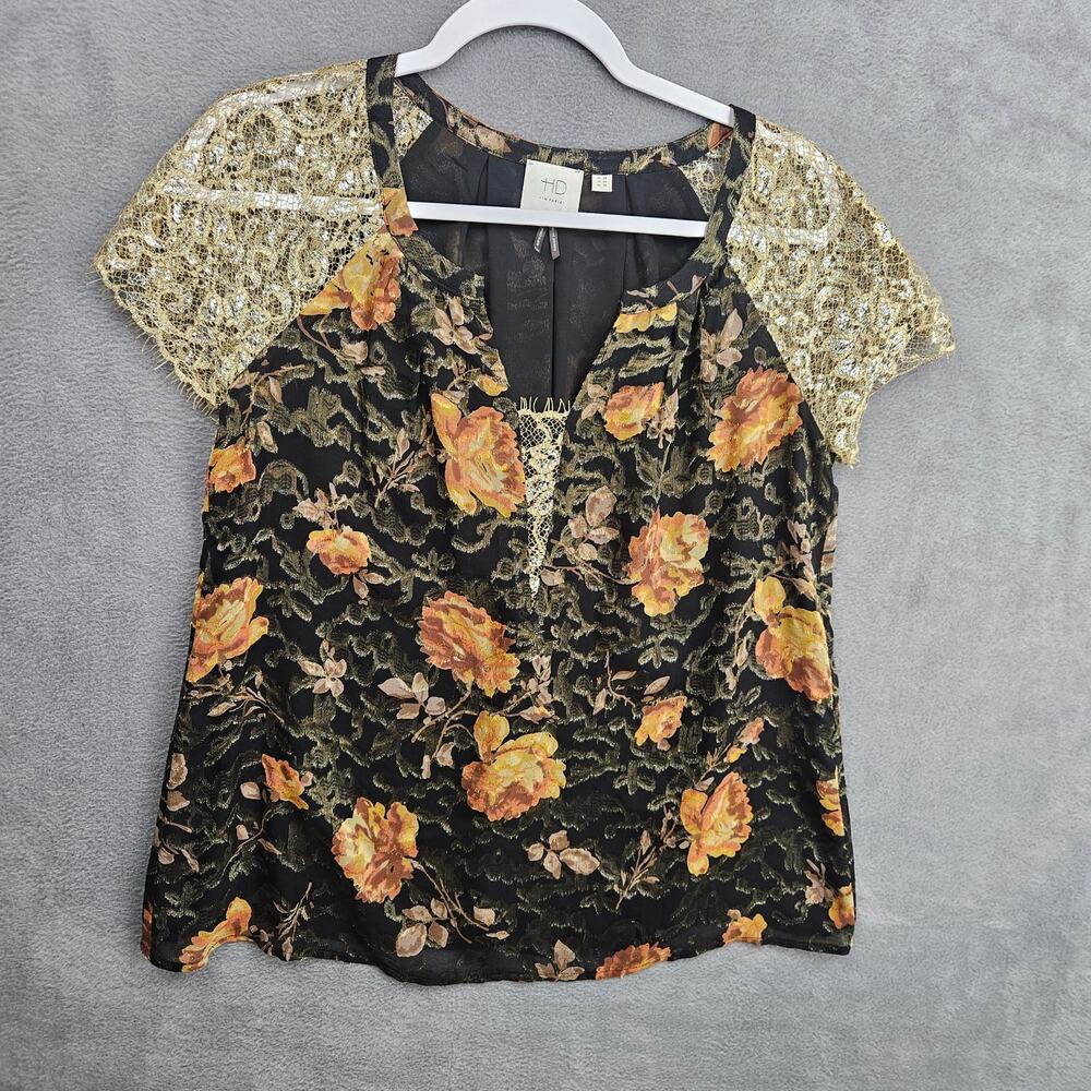 HD in Paris Floral Lace Sleeve Metallic Blouse Anthropologie Romantic Boho 4